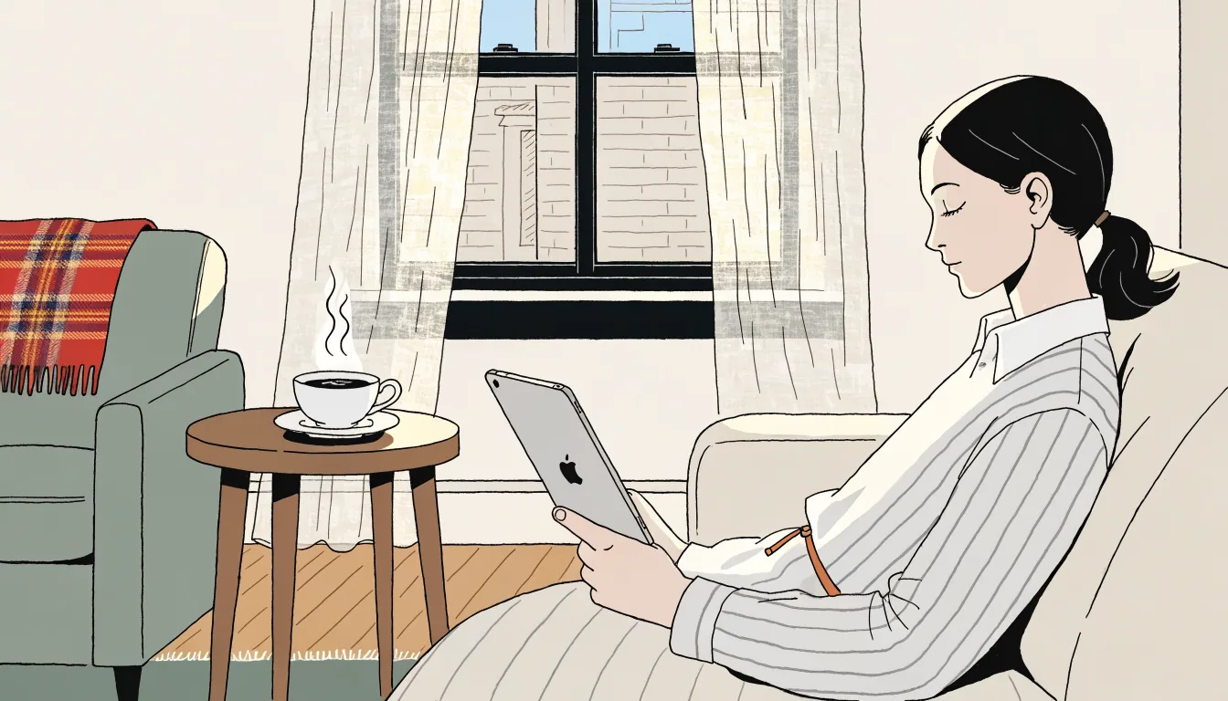 Person on a sofa holding an iPad in a cozy British living room with tea