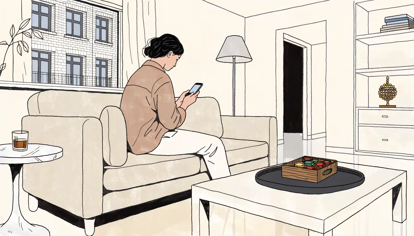 Person relaxing on sofa holding a smartphone near casino chips in a modern British living room.