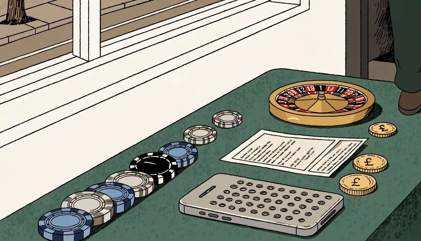 Casino chips, roulette wheel, face-down phone, and UK pound coins on a green felt surface