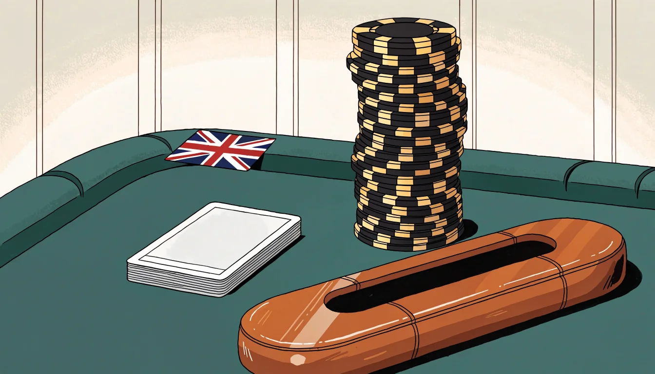 Elegant baccarat table with cards, chips, and a discreet UK flag pin under warm ambient lighting.