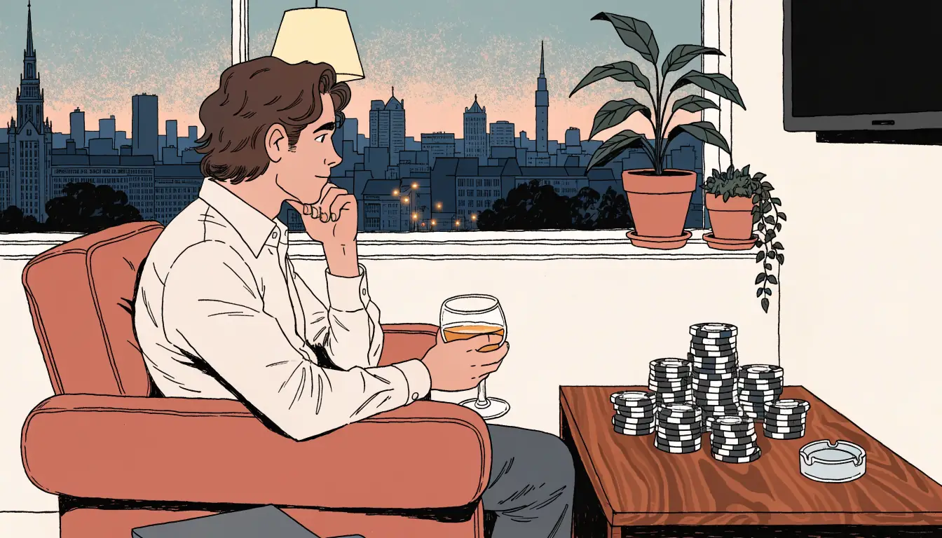Man in modern London flat with whisky, closed laptop and poker chips at dusk.