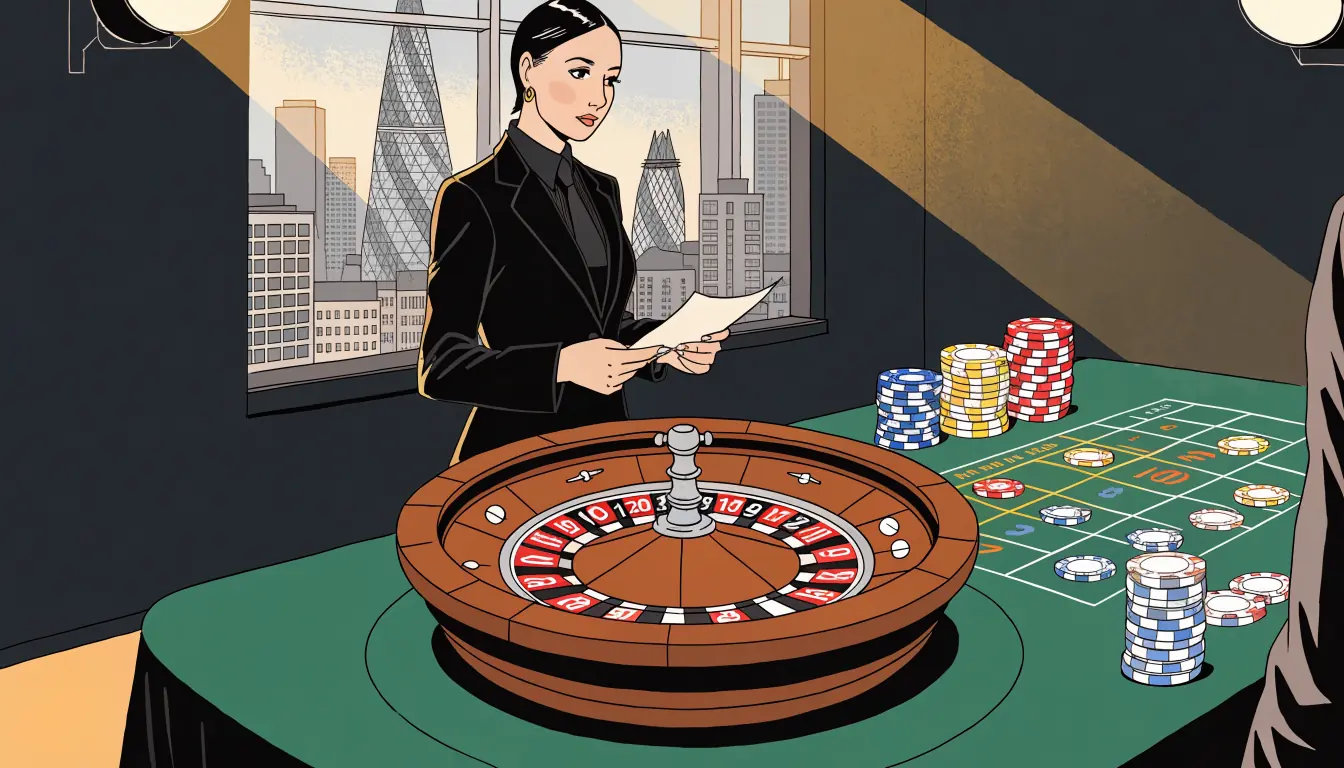 Live roulette studio with wheel, chips, dealer, and London skyline view