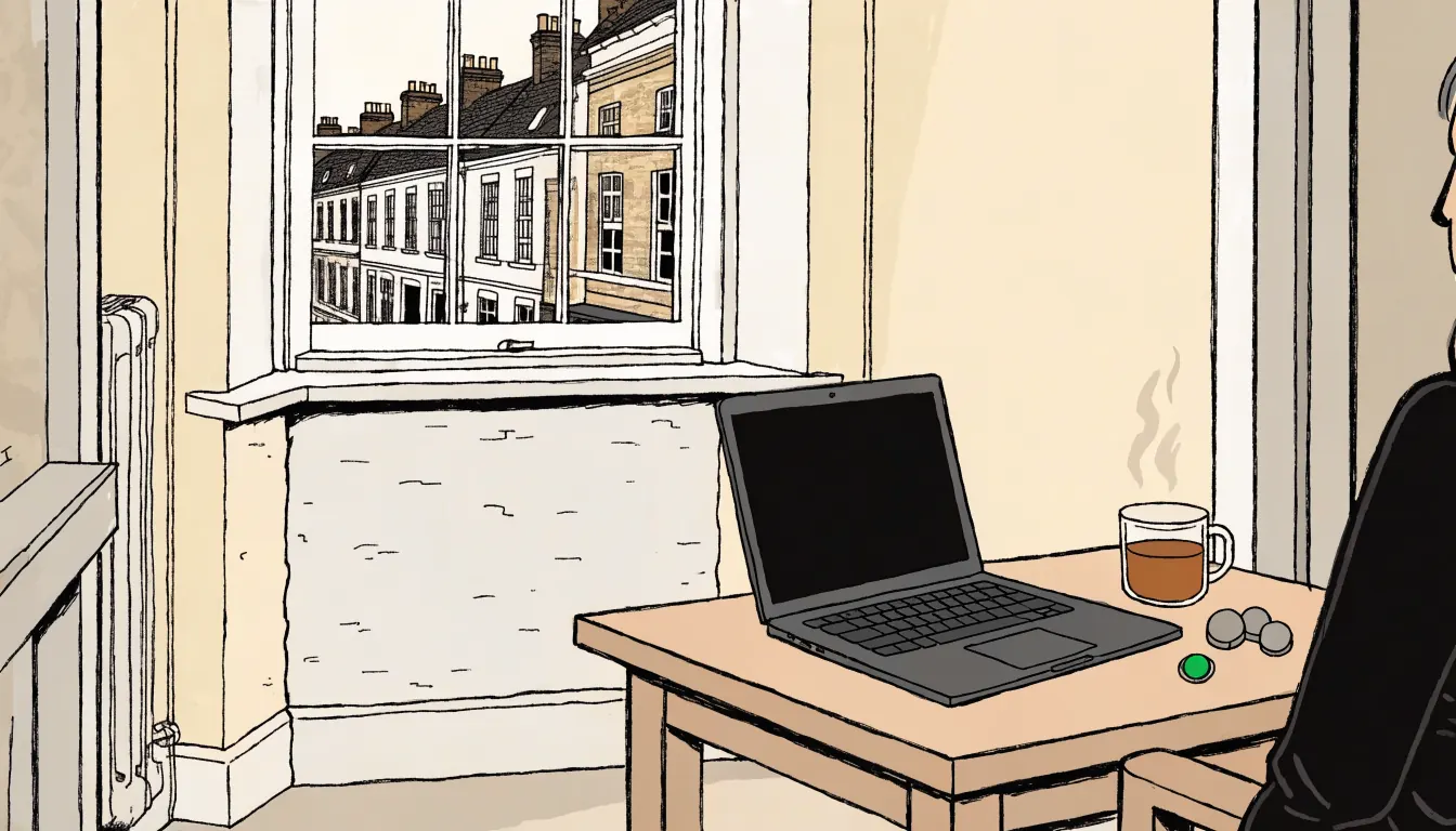 Laptop on a desk in a London flat with game tokens and tea, illustrating a Mines demo session.