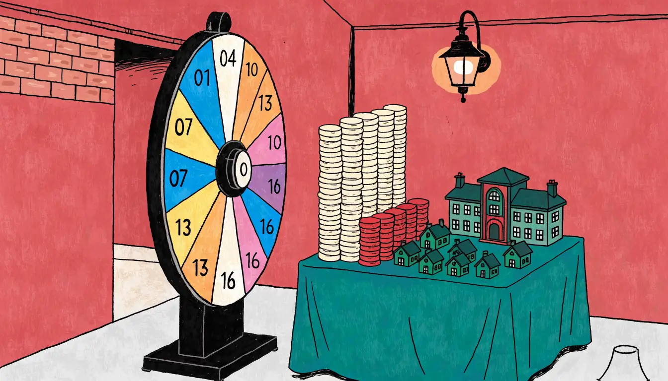 A prize wheel beside a green baize table stacked with casino chips in a warmly lit brick-walled studio.