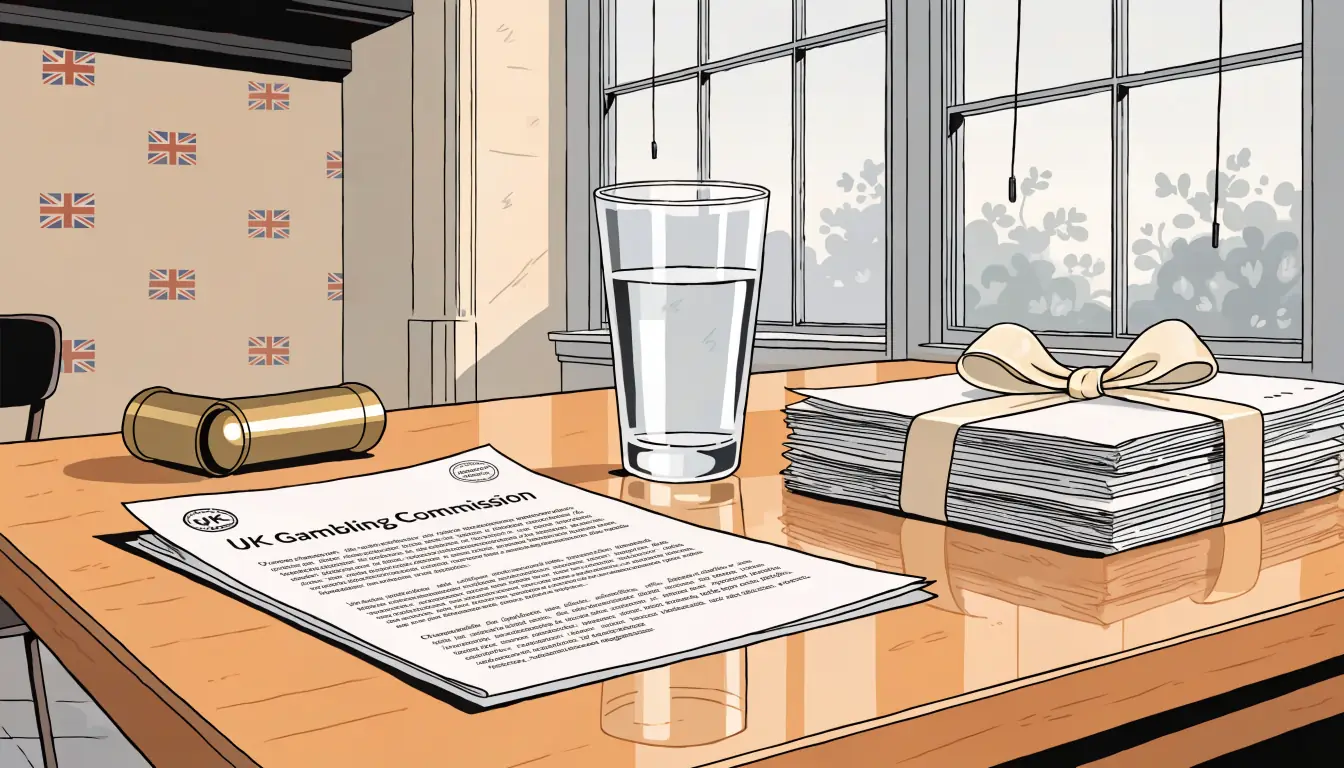 London office desk with UK Gambling Commission documents and brass paperweight