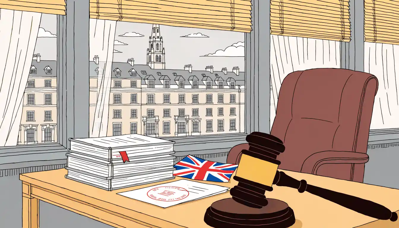 Regulator's desk with gavel, documents, and a Union Jack flag in a London office.