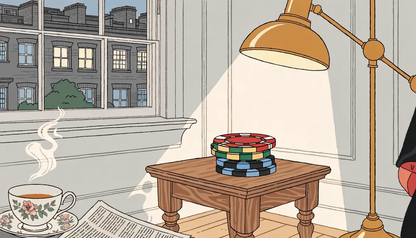Casino chips beside a steaming British teacup and folded newspaper in a warm London living room.
