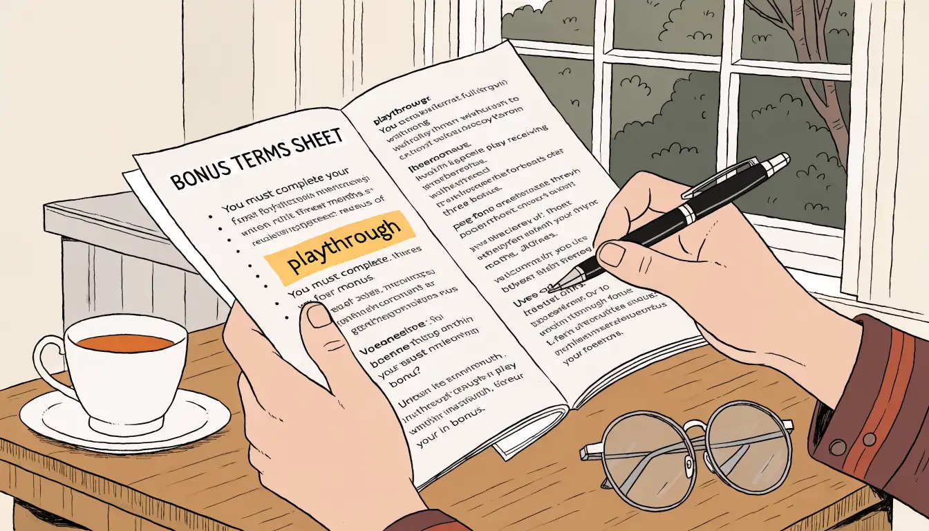 Hands reviewing printed casino bonus terms with a pen and tea in a British home.