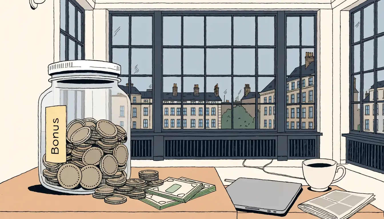 Open bonus jar spilling pound notes on a UK apartment side table