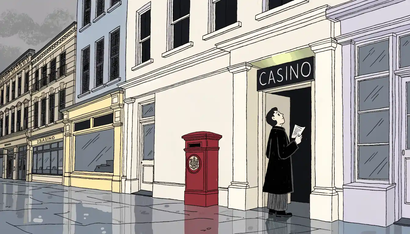Person pausing outside a small casino entrance on a British high street under overcast skies.