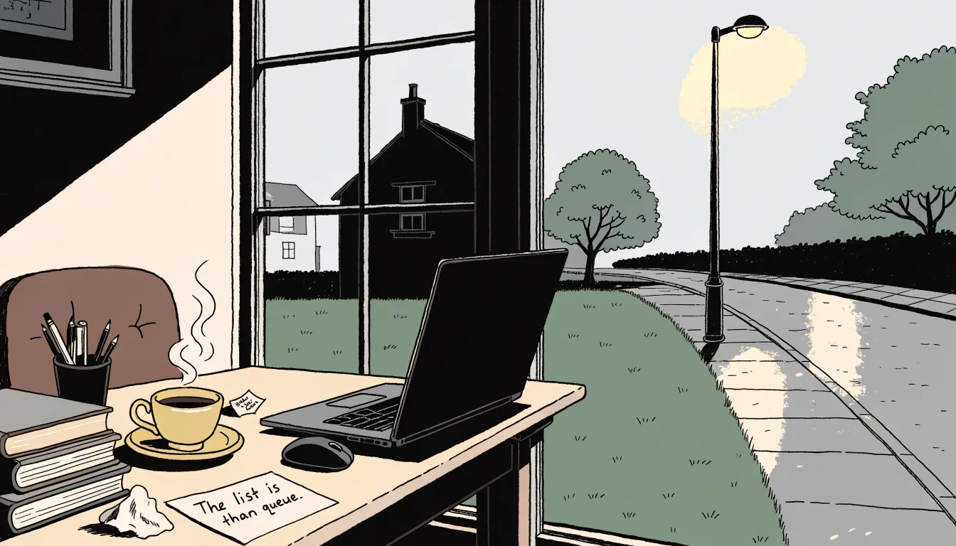 Closed laptop, tea cup and handwritten note on a desk by a rainy window at night.