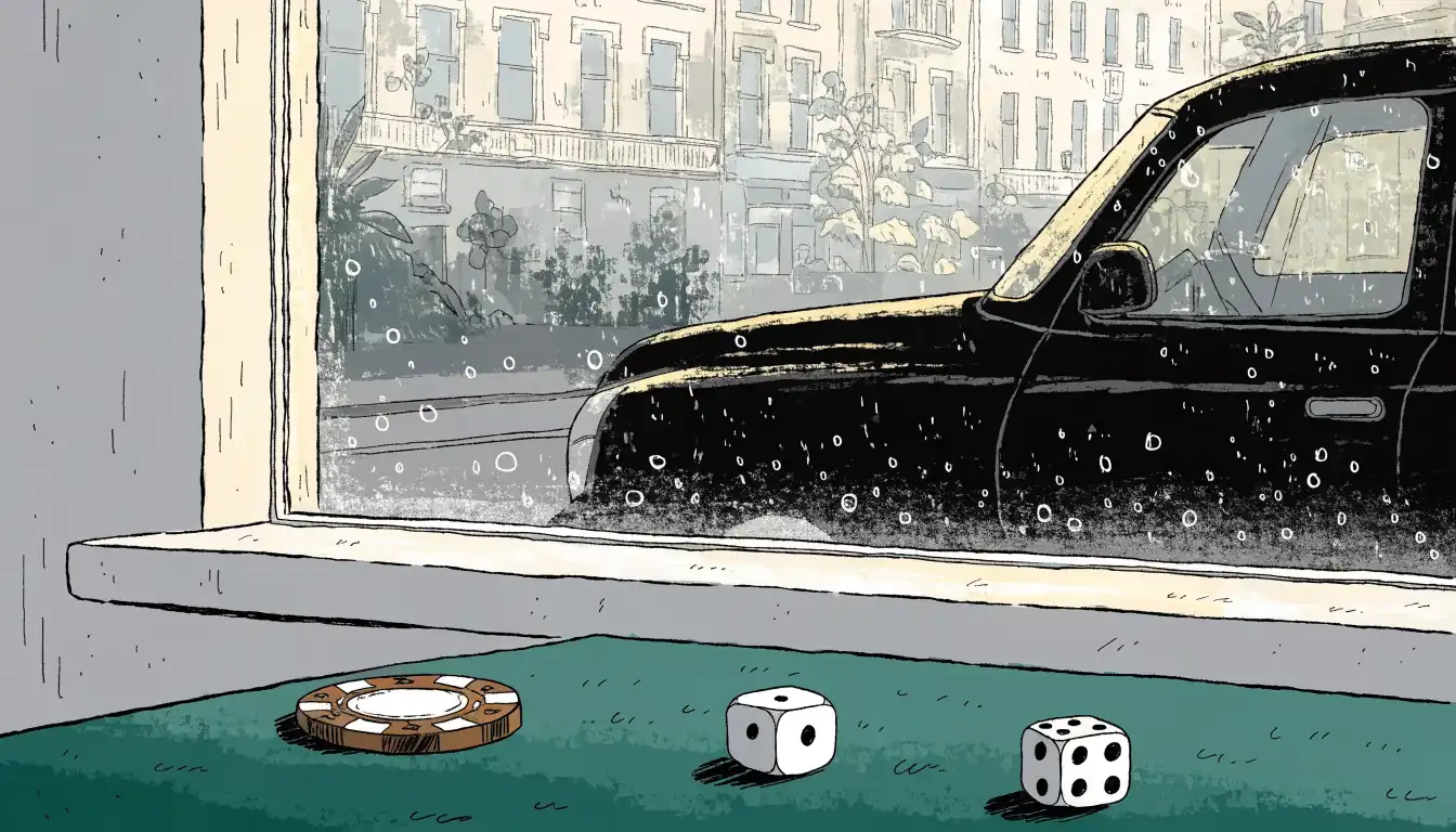 Casino chips and dice on a London windowsill with a rainy city street outside.