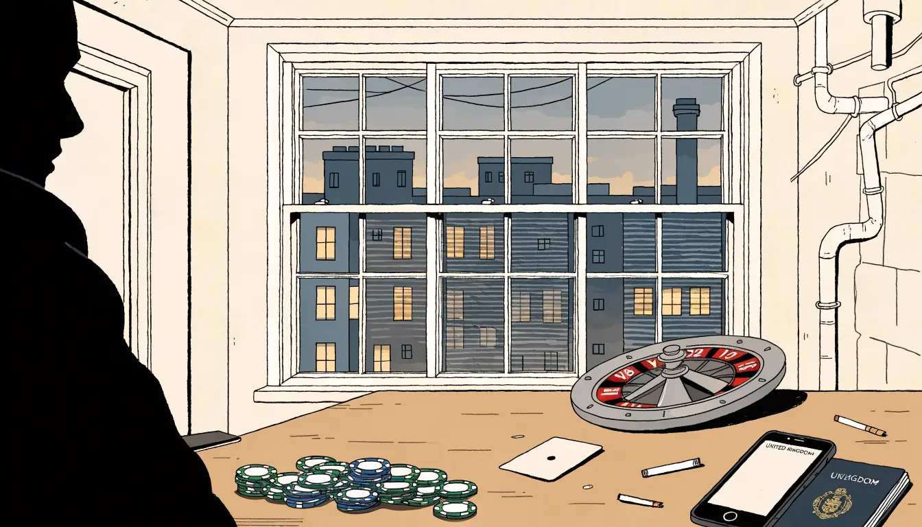 Casino chips, a playing card and a passport on a table in a London flat at dusk.