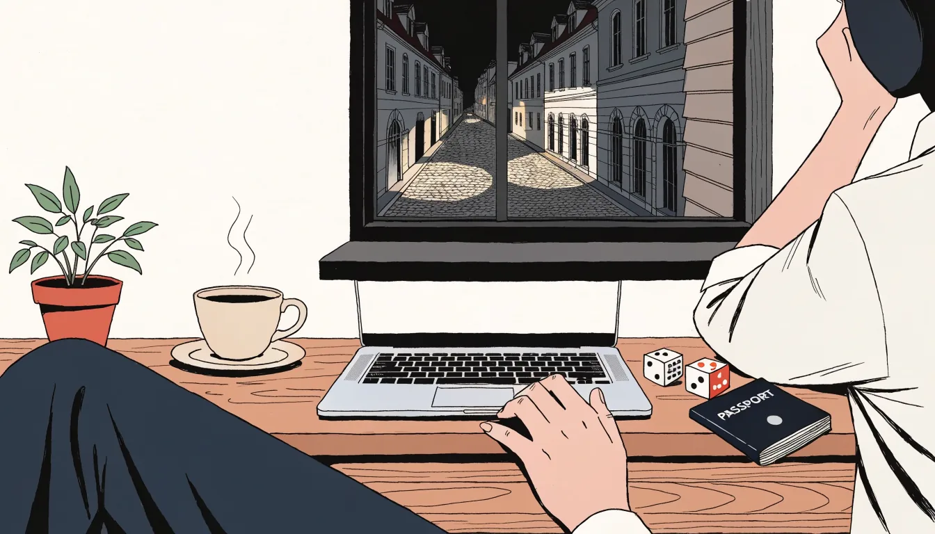 Laptop on a desk with a passport and dice by a window.
