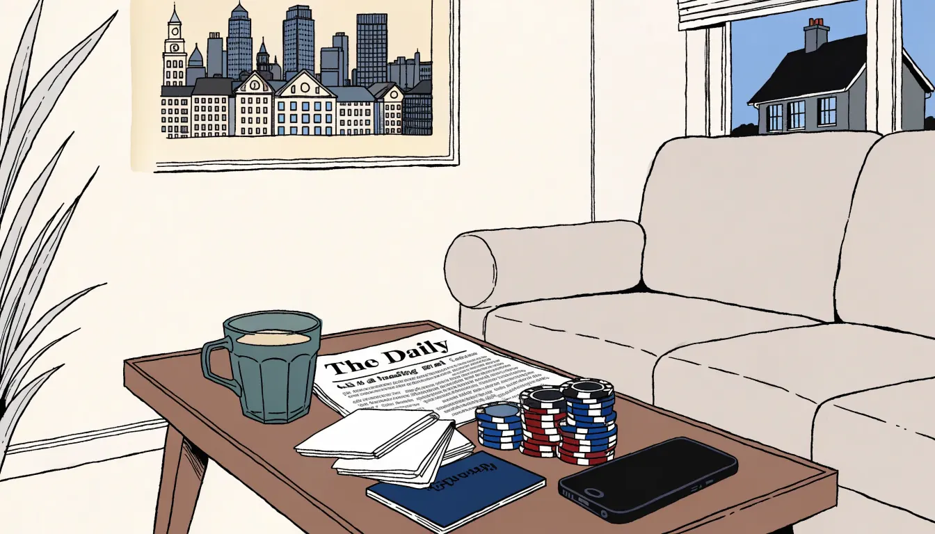 British living room with playing cards, chips, passport and face-down phone.