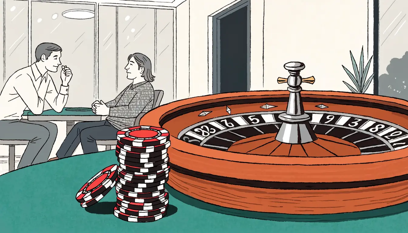American roulette wheel with chips on a green felt casino table