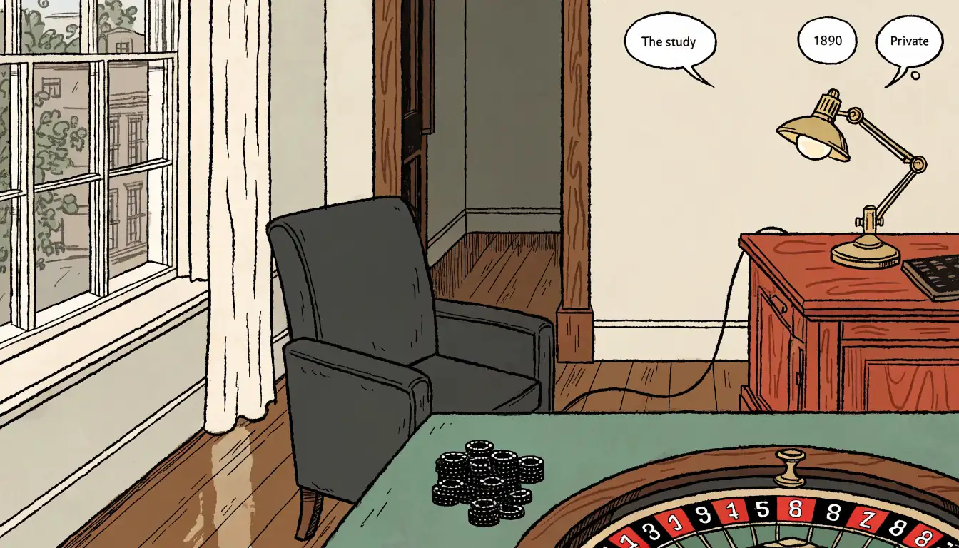 European roulette wheel on a green table with chips in a warm London study