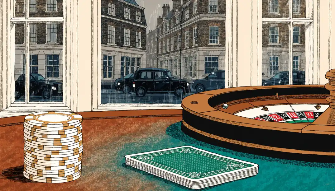Casino chips, cards, and roulette wheel on a felt table in a London club setting.