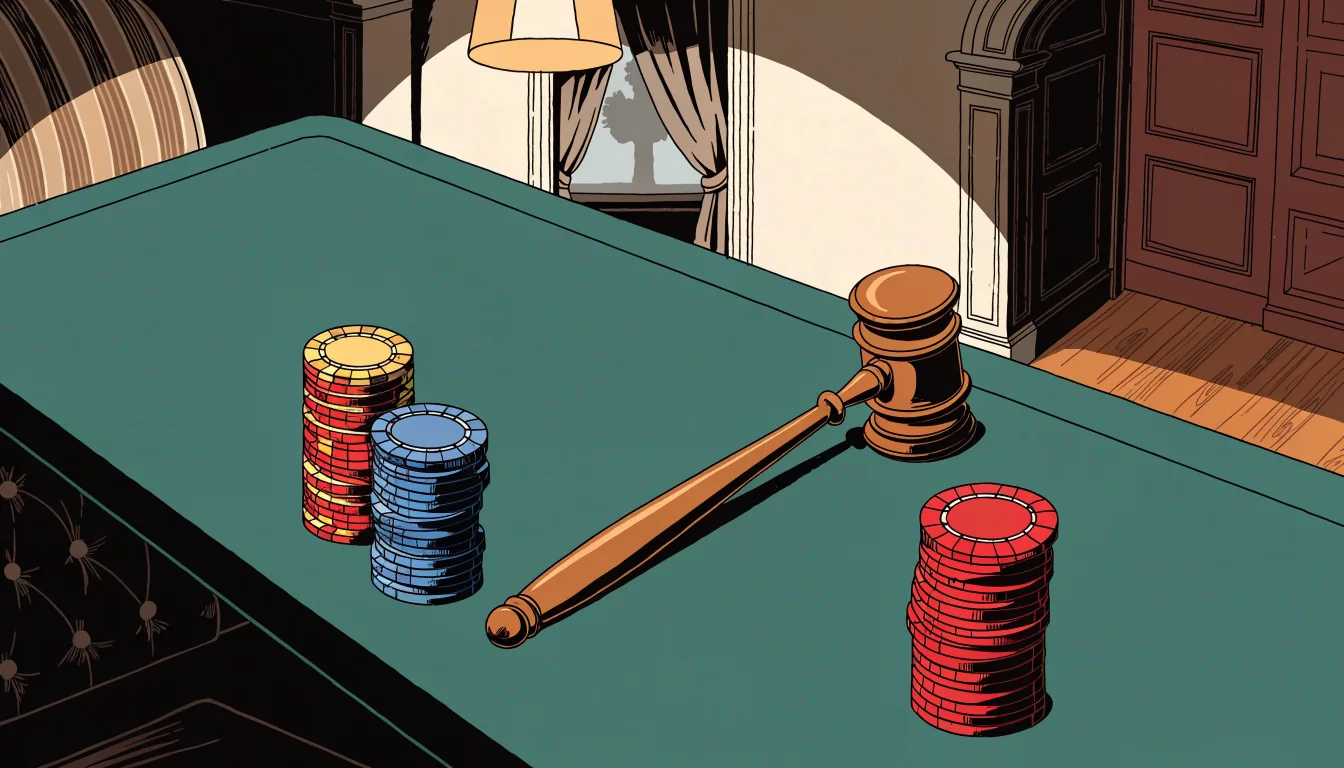 Casino chips and gavel on green felt table under warm club lamplight