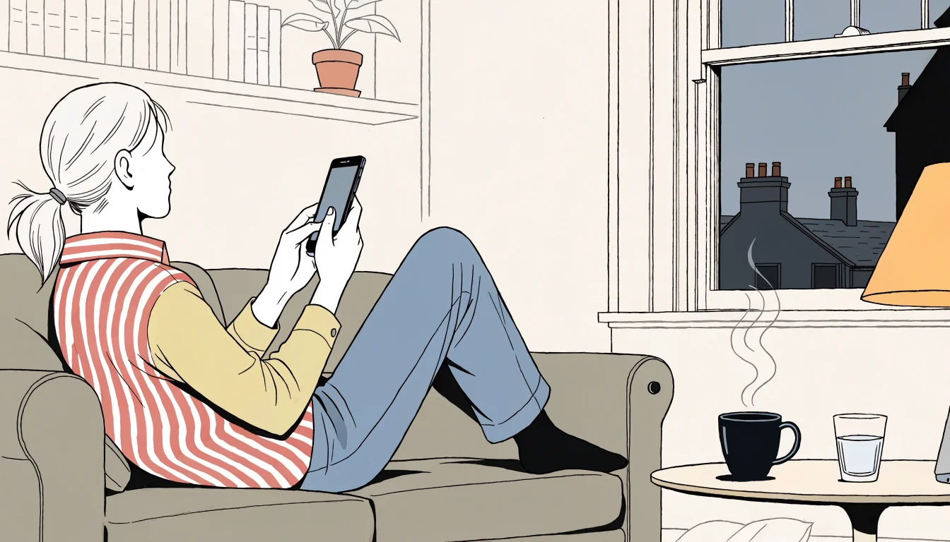 Person relaxing on a sofa with smartphone and laptop in a British living room at evening.
