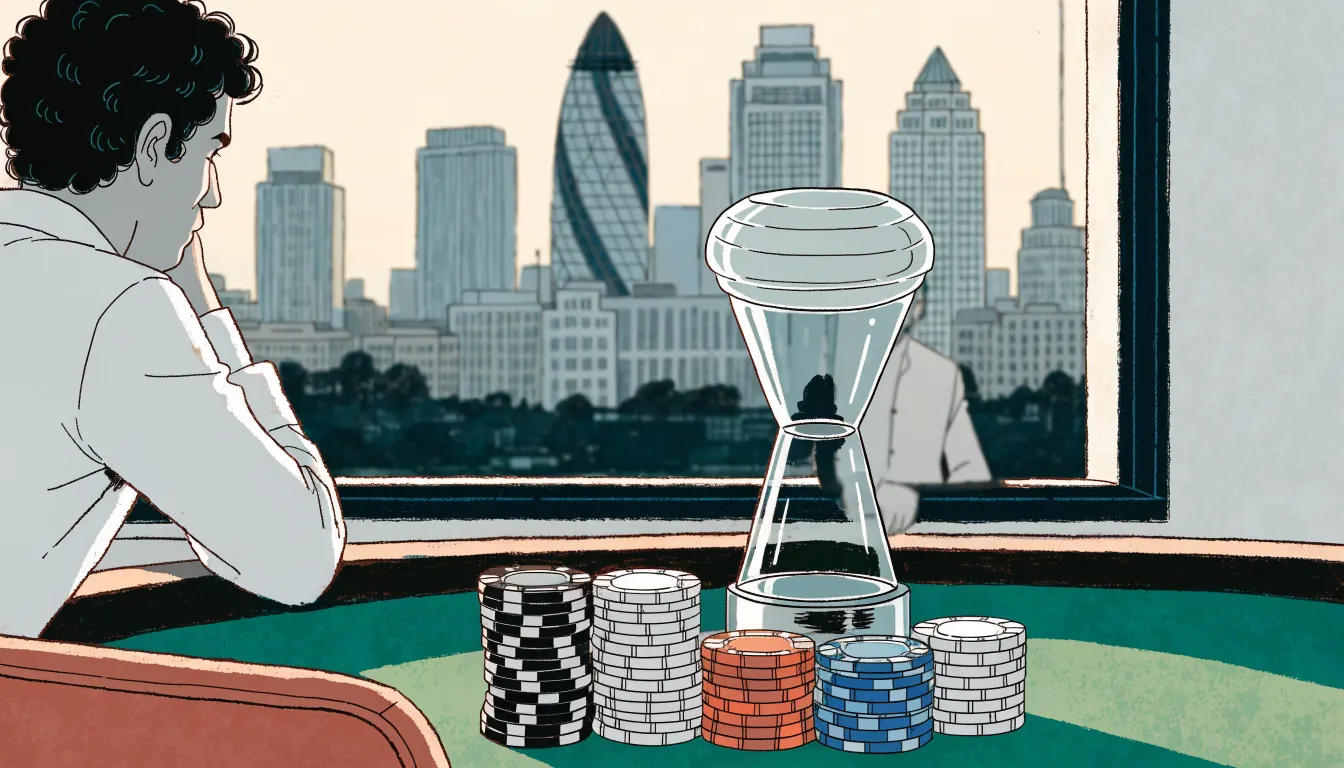 Casino trophy and chips on a green table with a London skyline at dusk.