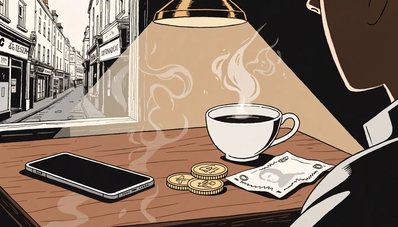 Smartphone on a wooden pub table with British pounds and tea