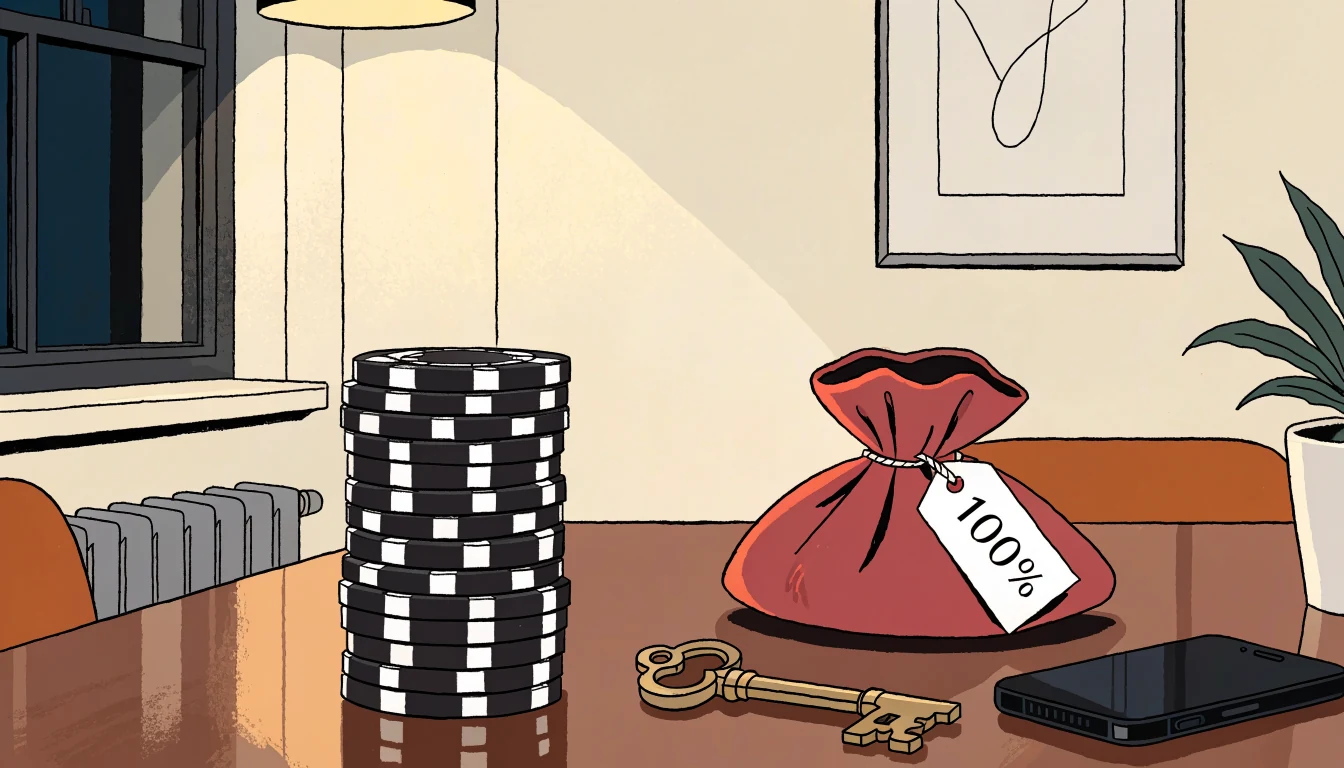 Casino chips, bonus tag and a face-down phone on a wooden table