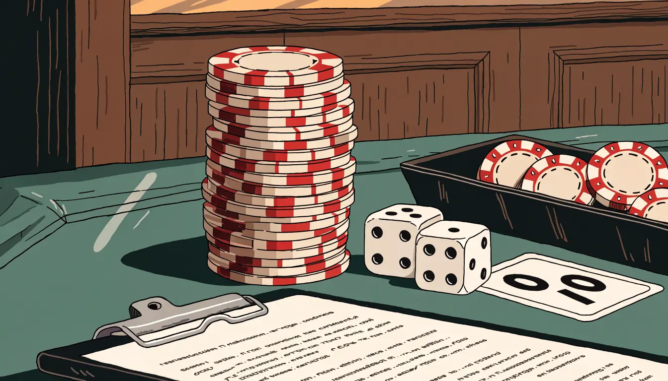 Casino chips, dice, a bonus voucher and terms clipboard on a felt table
