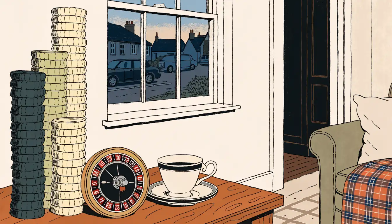 Cozy British living room with stacks of casino chips, a roulette wheel, and a teacup at evening.
