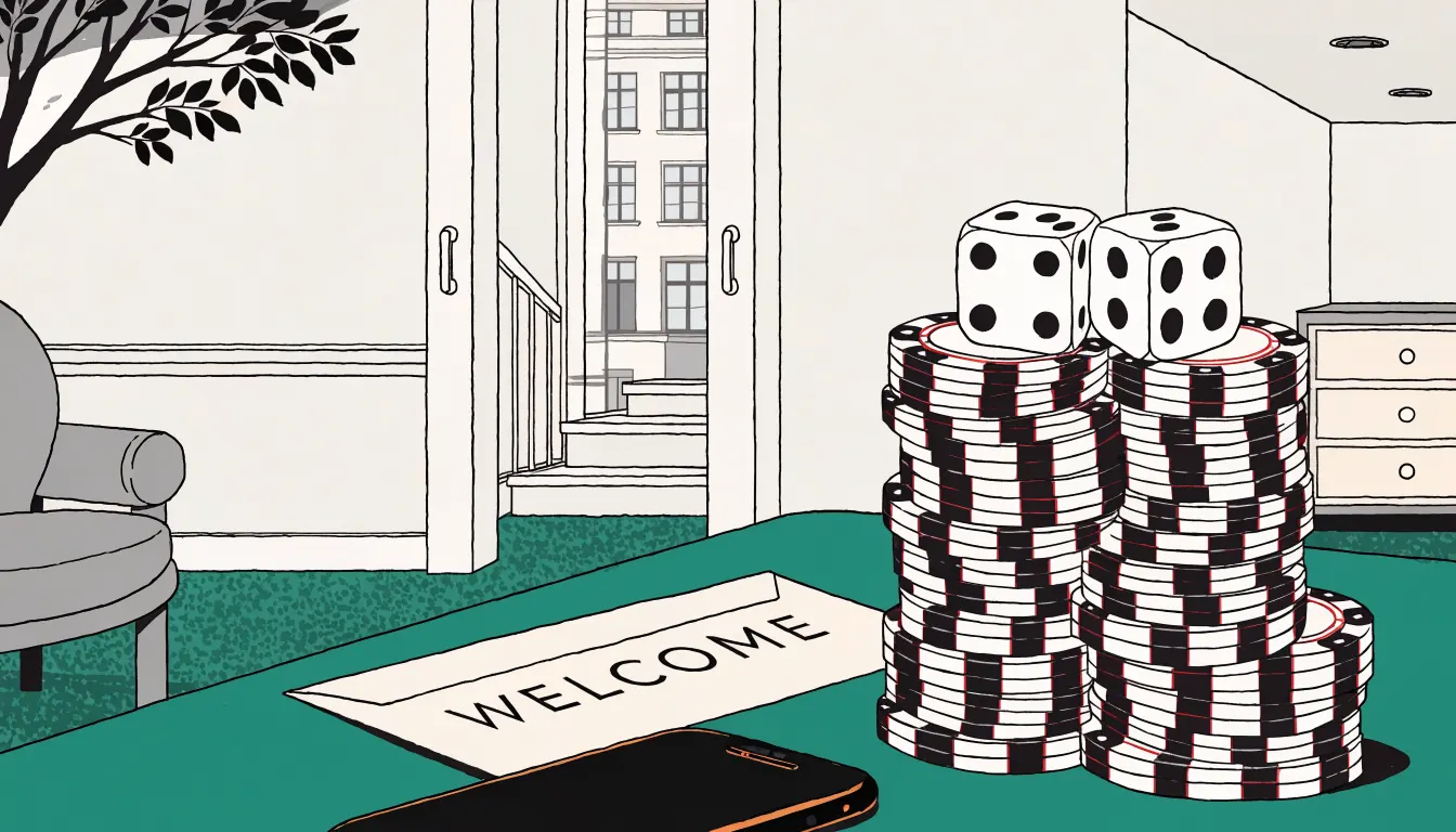 Casino chips, dice and a face-down phone on a green felt surface.