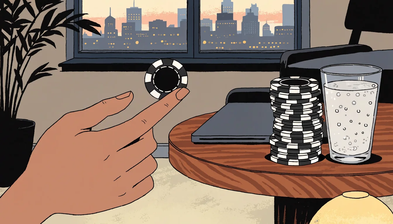 Stacked casino chips on a table in a London flat at dusk