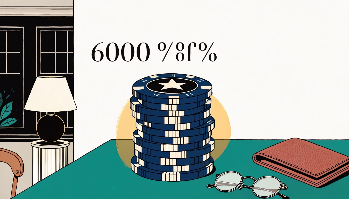 Casino chip stack, wallet and glasses on green felt table under warm lamplight.