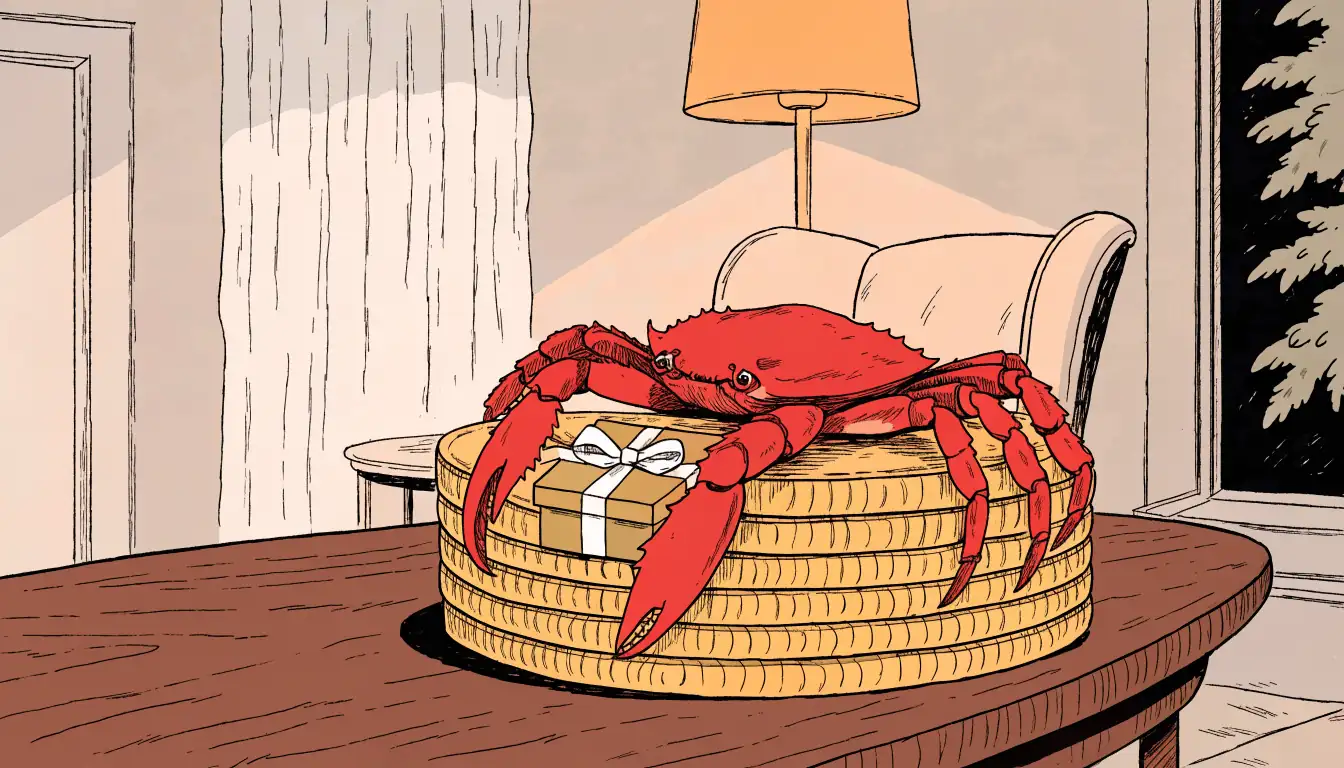 Red crab with a gift box on a stack of coins in a warm British lounge.