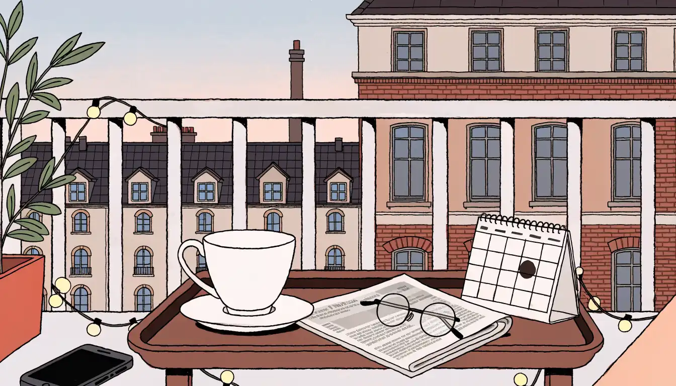 A quiet London balcony at dusk with a calendar, teacup, and phone on a wooden tray.