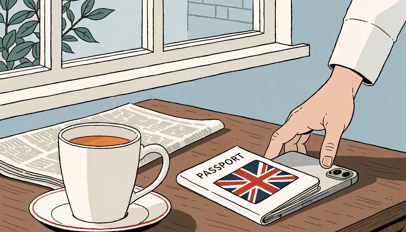 Hand placing a UK passport and phone on a wooden desk in a London flat.