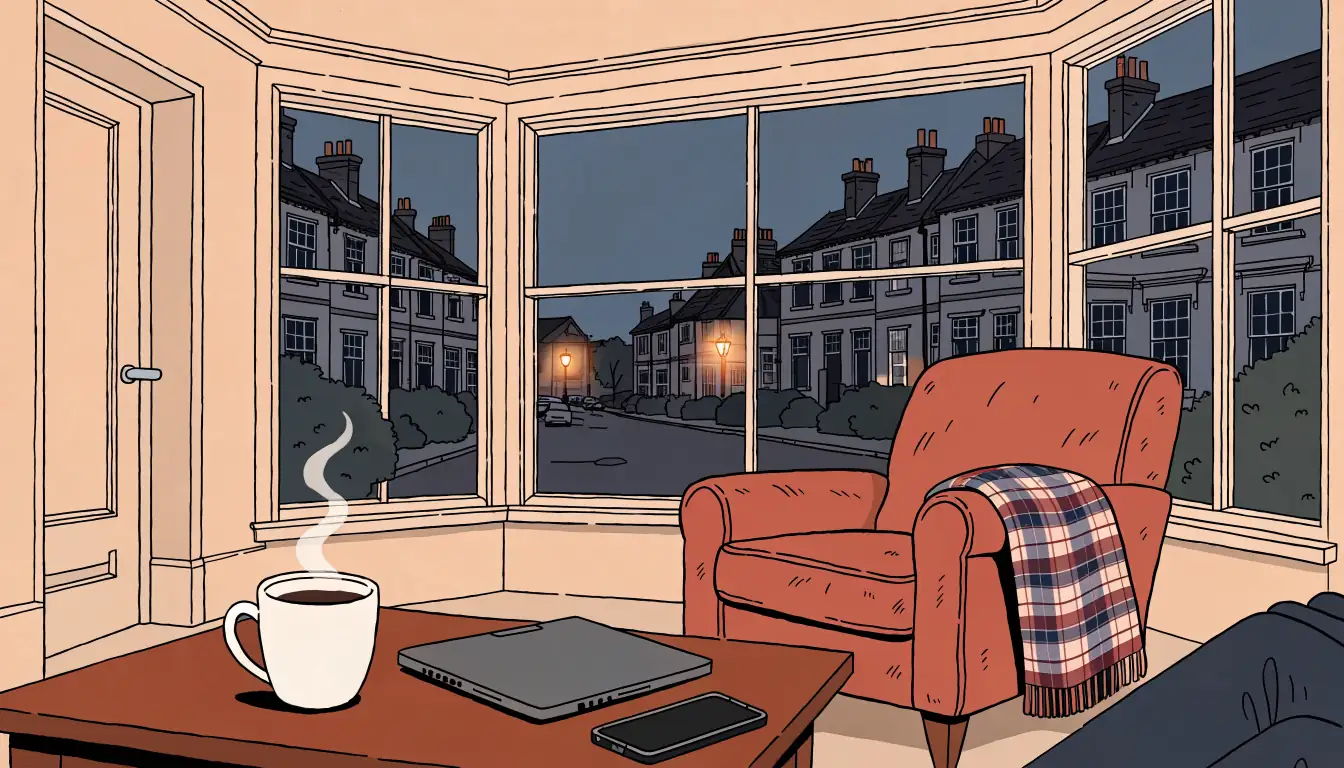 British living room at night with smartphone, tea mug, and laptop near a bay window showing a Victorian terraced street.
