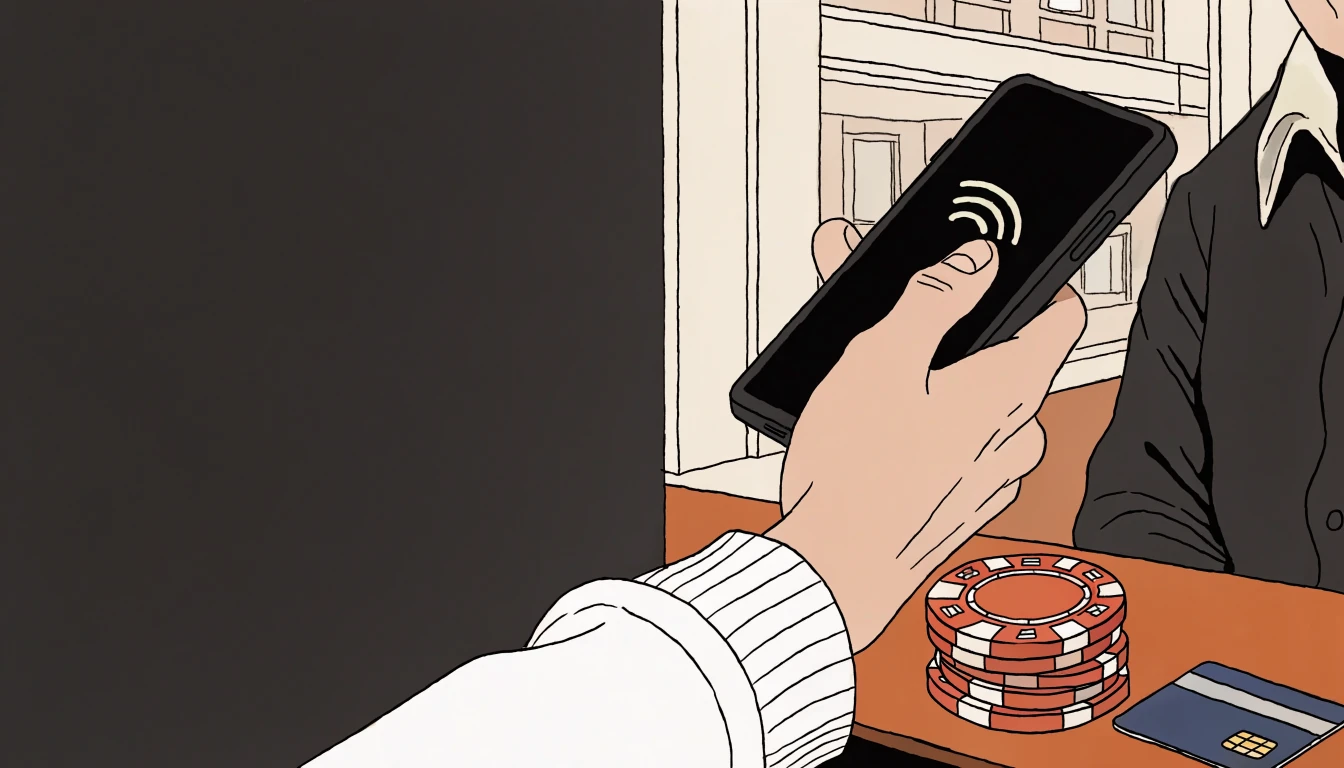 Hand holding a smartphone for a contactless deposit at a UK casino counter with chips nearby.