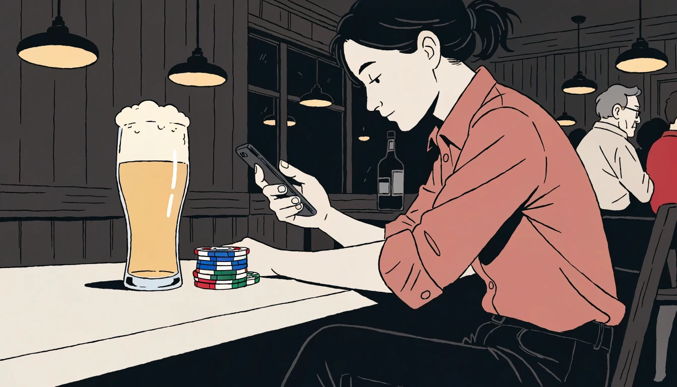 Person holding a phone at a British pub table with casino chips nearby