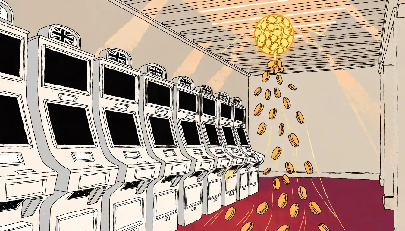UK casino slot cabinets with gold coins flowing upward into a glowing jackpot orb above.
