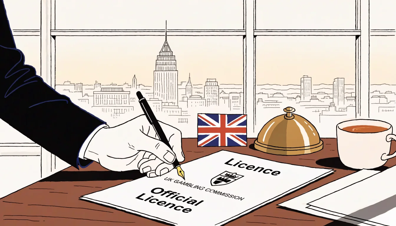 UK Gambling Commission licence on a desk with London skyline view