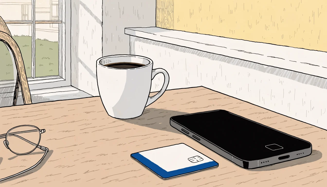 Smartphone on a table beside a bank card in soft morning light, suggesting a withdrawal check.