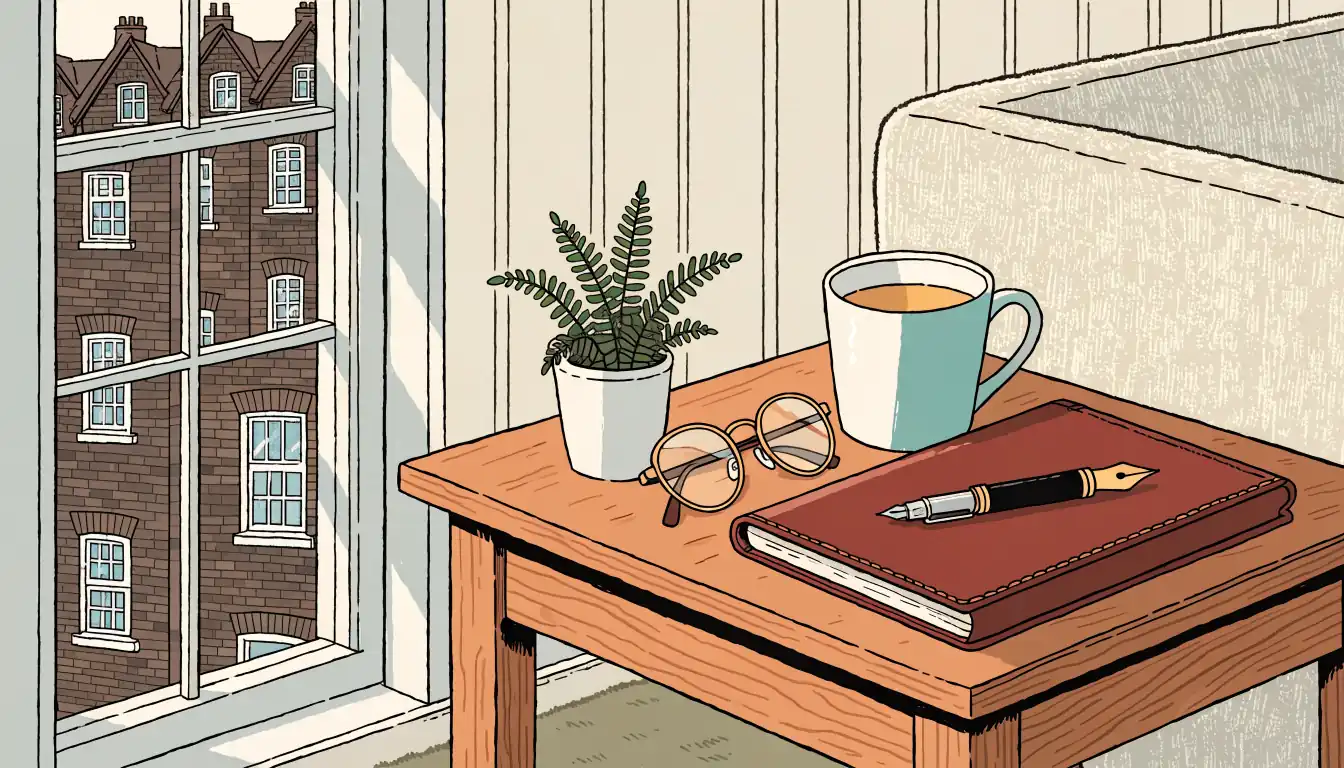 British living room corner with notebook, tea, and warm window light