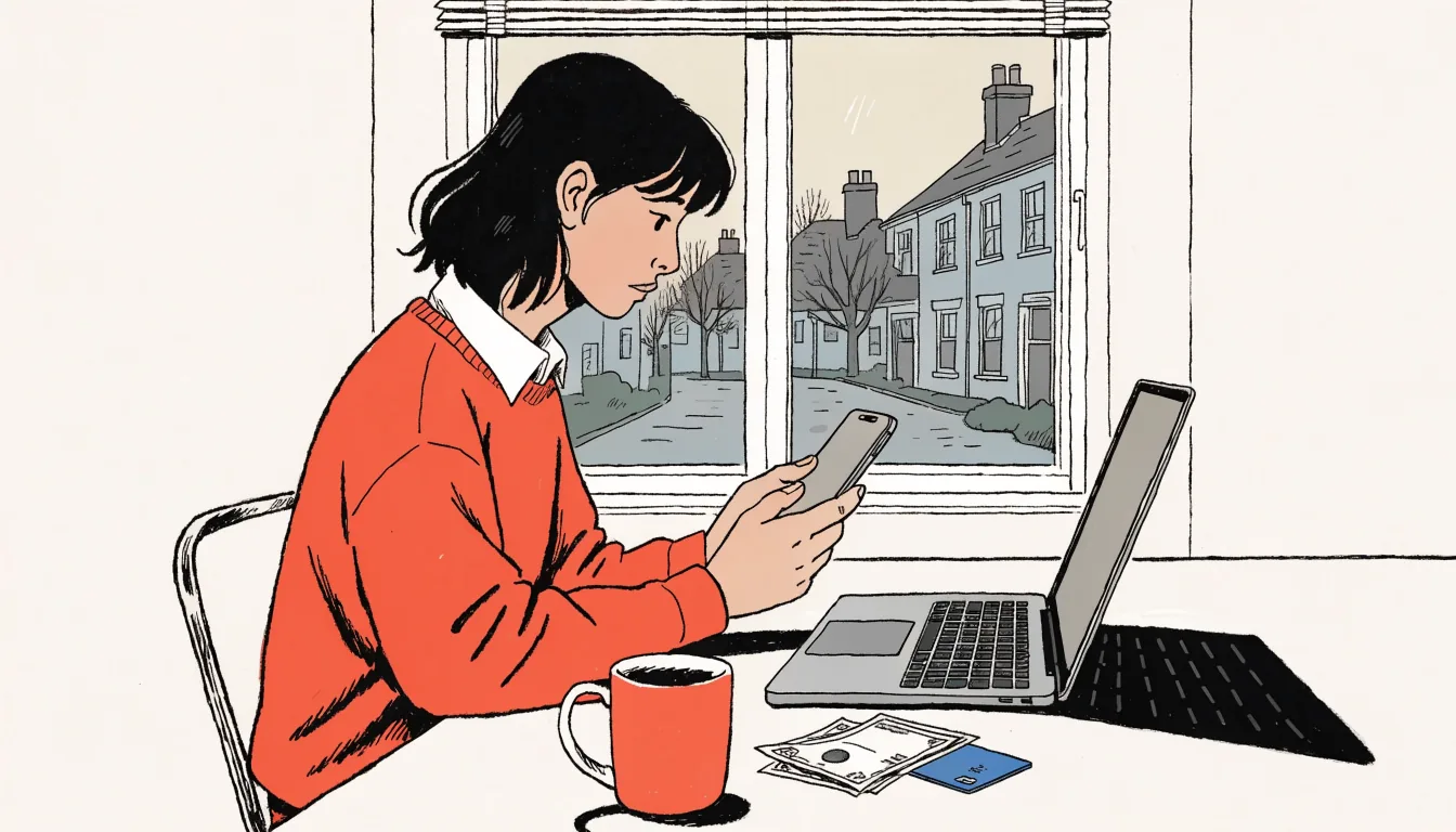 Person at desk using smartphone and laptop with British pounds and bank card nearby