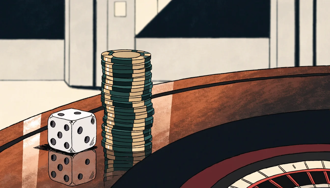 Casino chips, die, and roulette wheel edge on a polished wooden table in a London club setting.