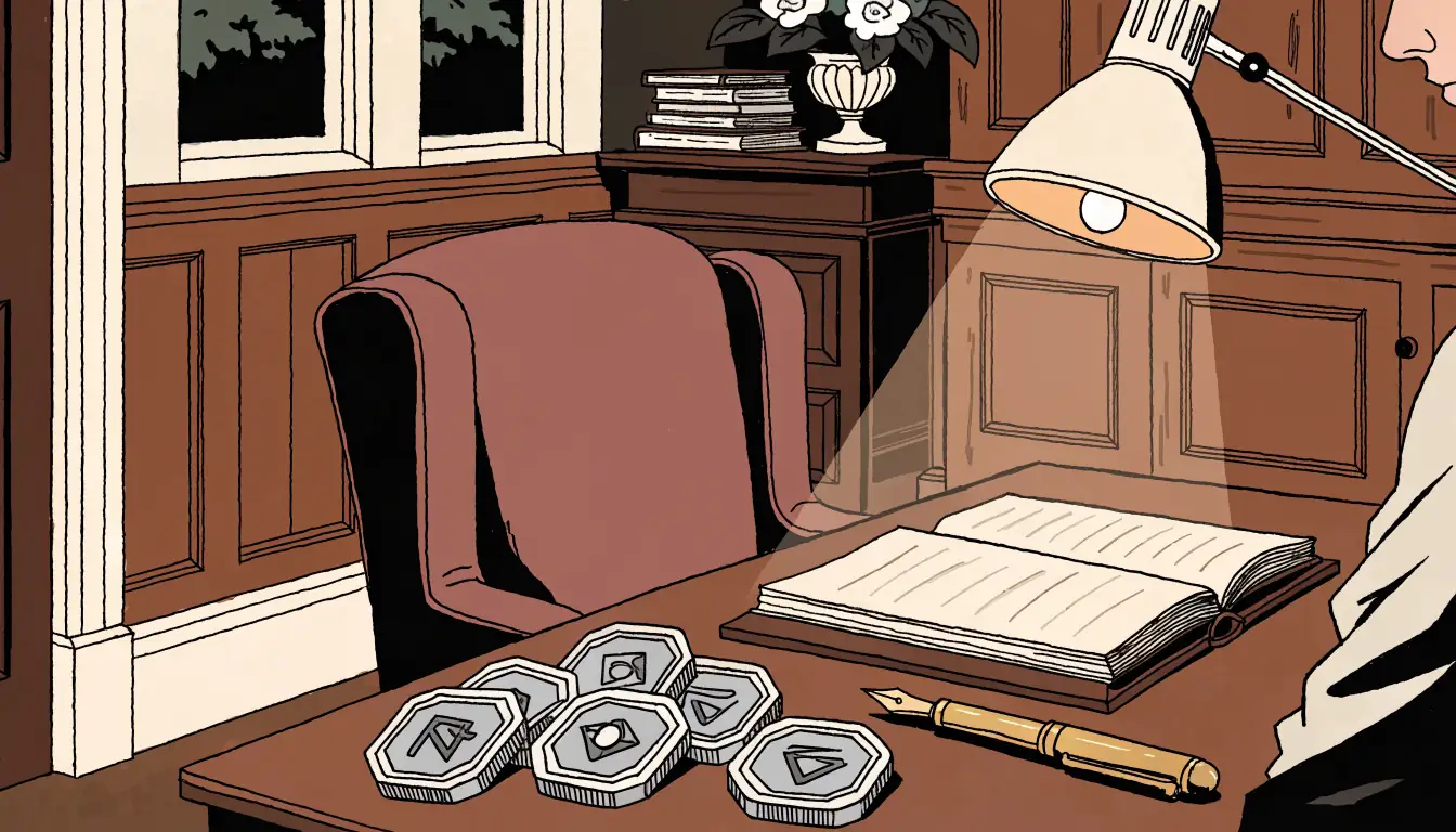 Metallic TRON-style tokens on a mahogany desk in a traditional British club interior