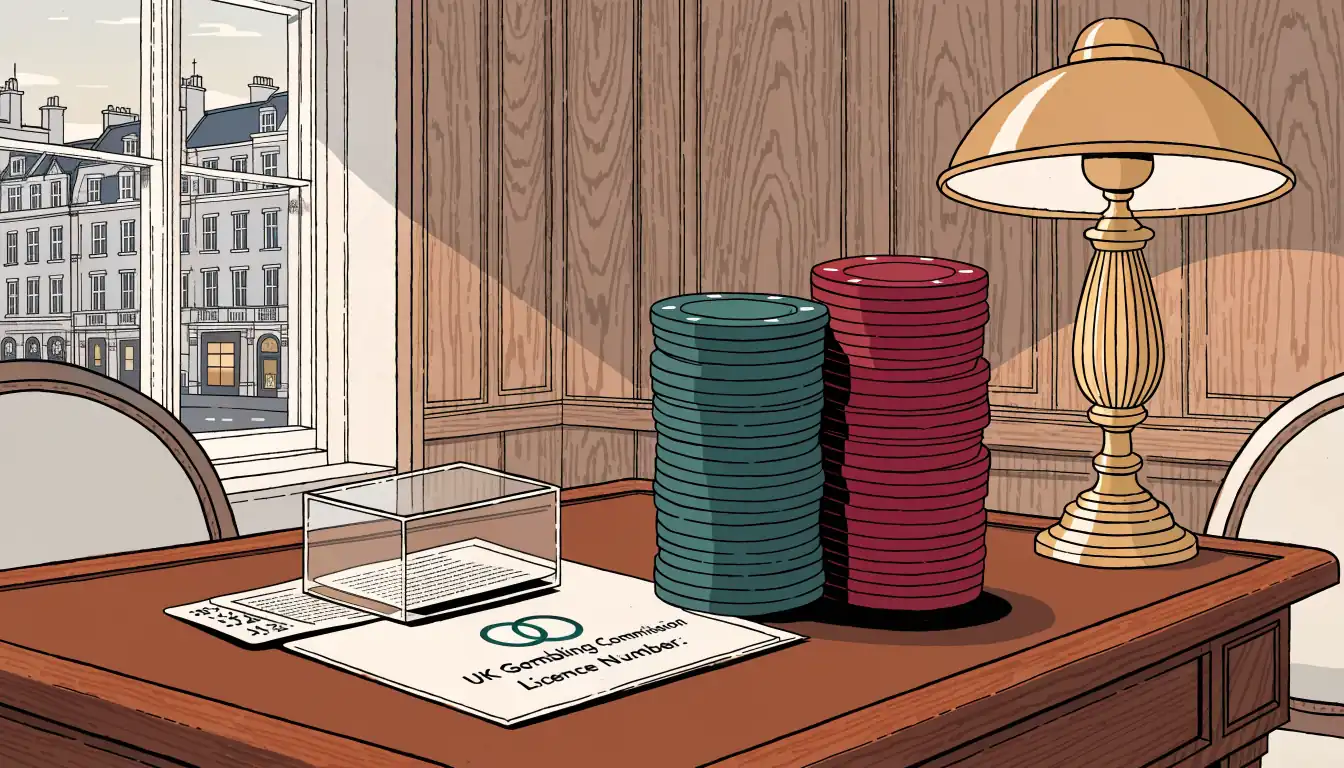 Licensed UK casino card table scene with chips and a licence document in a Mayfair club interior