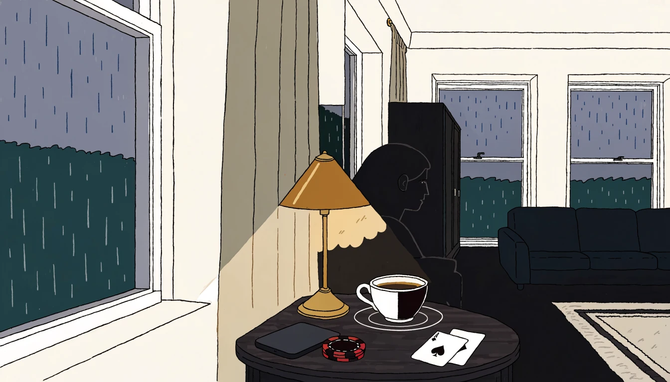 Face-down smartphone beside casino chips, playing cards and a teacup on a wooden table in a dim UK room.