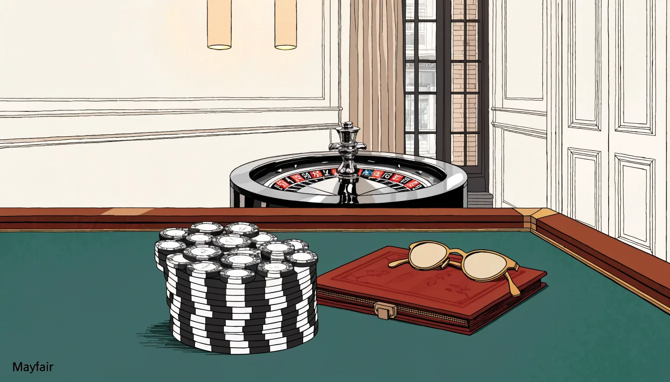British casino table with chips, roulette wheel and closed ledger under warm amber lighting.