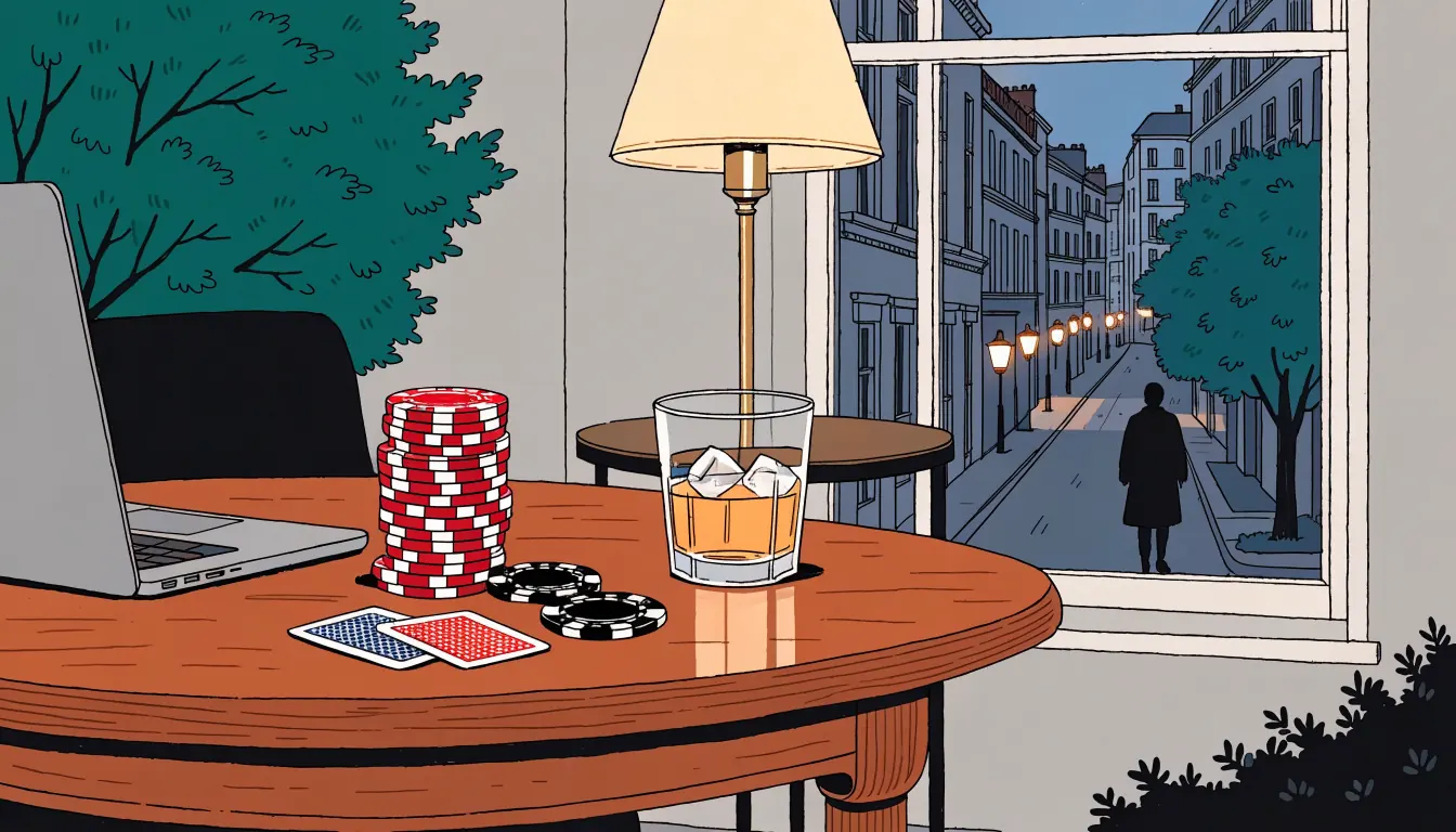 British living room at evening with poker chips, playing cards, whisky, and a closed laptop on a wooden table
