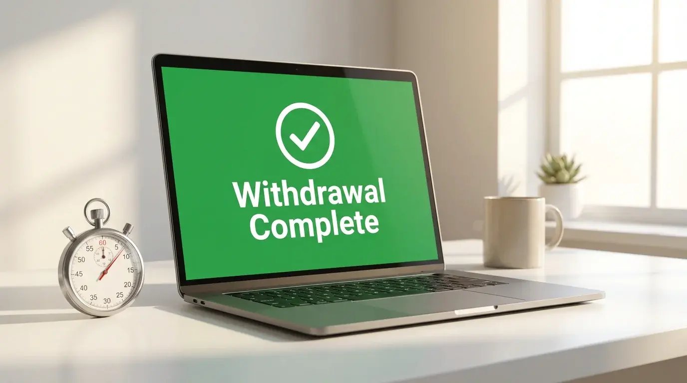 Instant crypto withdrawal notification on laptop screen showing fast payout from no verification casino